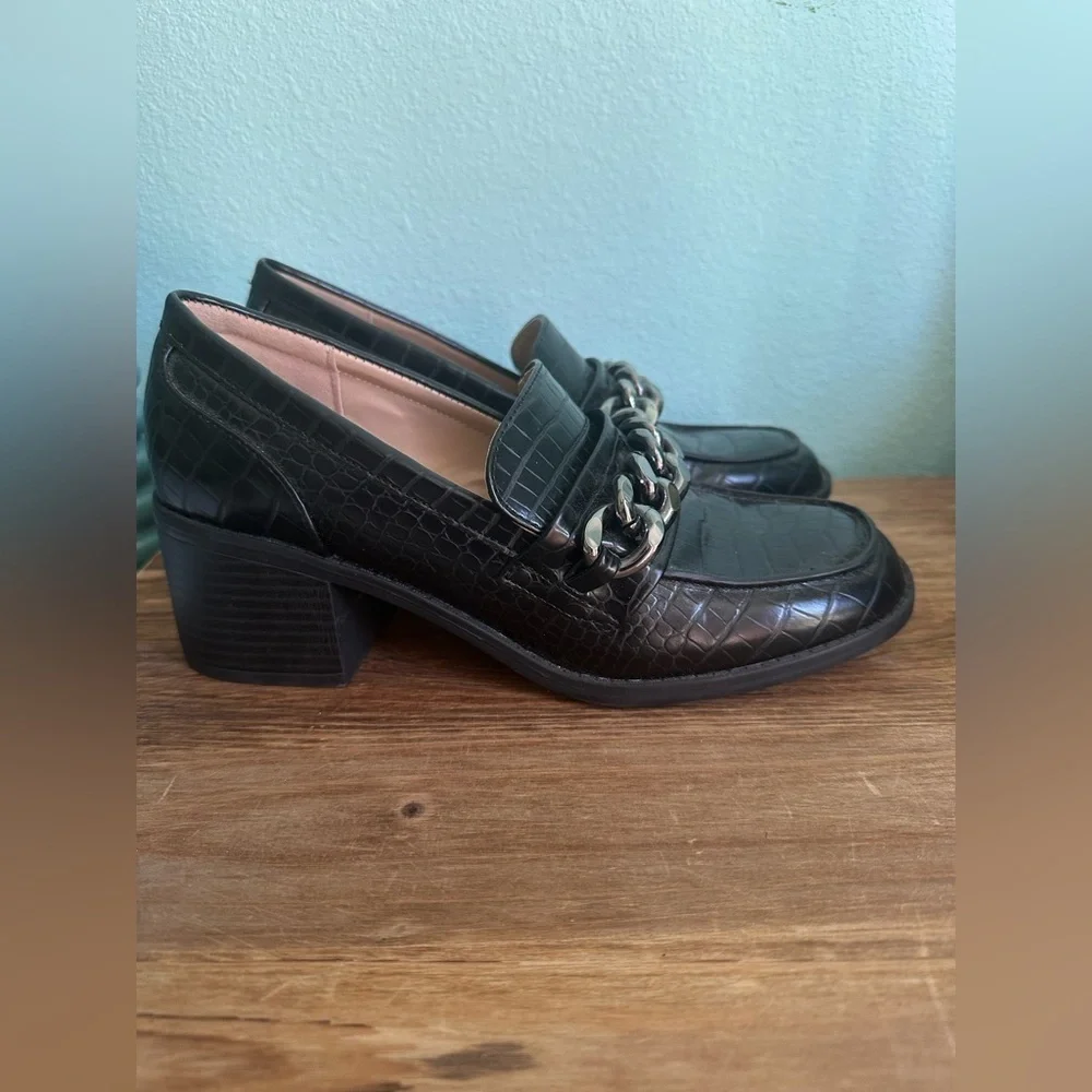 Bandolino Womens 7.5 Misha Black Croc Platform Chunky Heel Loafers 90s Y2K NEW